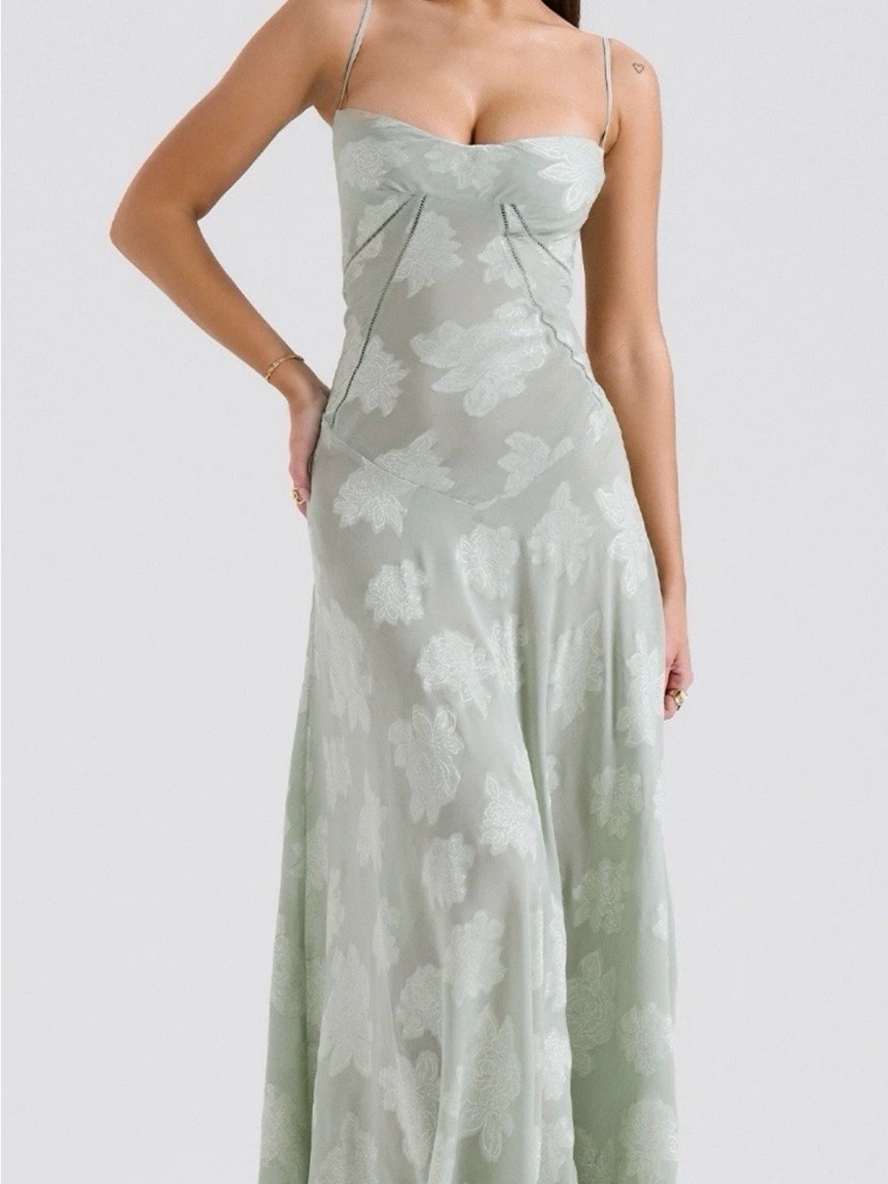 House Of CB SEREN Pistachio Floral Lace Back Maxi Dress Size XS